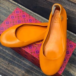 TORY BURCH Orange Nappa Leather Ballet Travel Flat